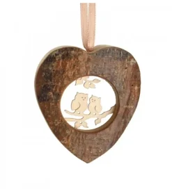 Waldfabrik, photophore en bois et étoile sapin de Noël Coeur En Bois A Suspendre Motif Cisele Hiboux, 6 Cm