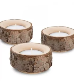 Waldfabrik, photophore en bois et étoile sapin de Noël Lot De 3 Bougeoirs En Bois Avec Ecorce, 9 Cm