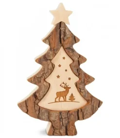 Waldfabrik, photophore en bois et étoile sapin de Noël Sapin De Noël En Bois Avec Gravure Cerf, 15 Cm