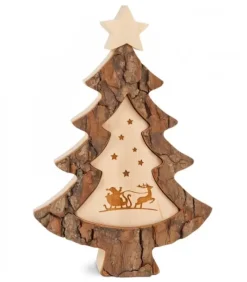 Waldfabrik, photophore en bois et étoile sapin de Noël Sapin De Noël En Bois Avec Gravure Père Noël Et Luge, 15 Cm