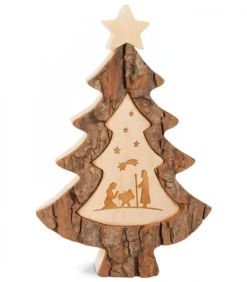 Waldfabrik, photophore en bois et étoile sapin de Noël Sapin En Bois Avec Gravure Crèche De Noël, 15 Cm
